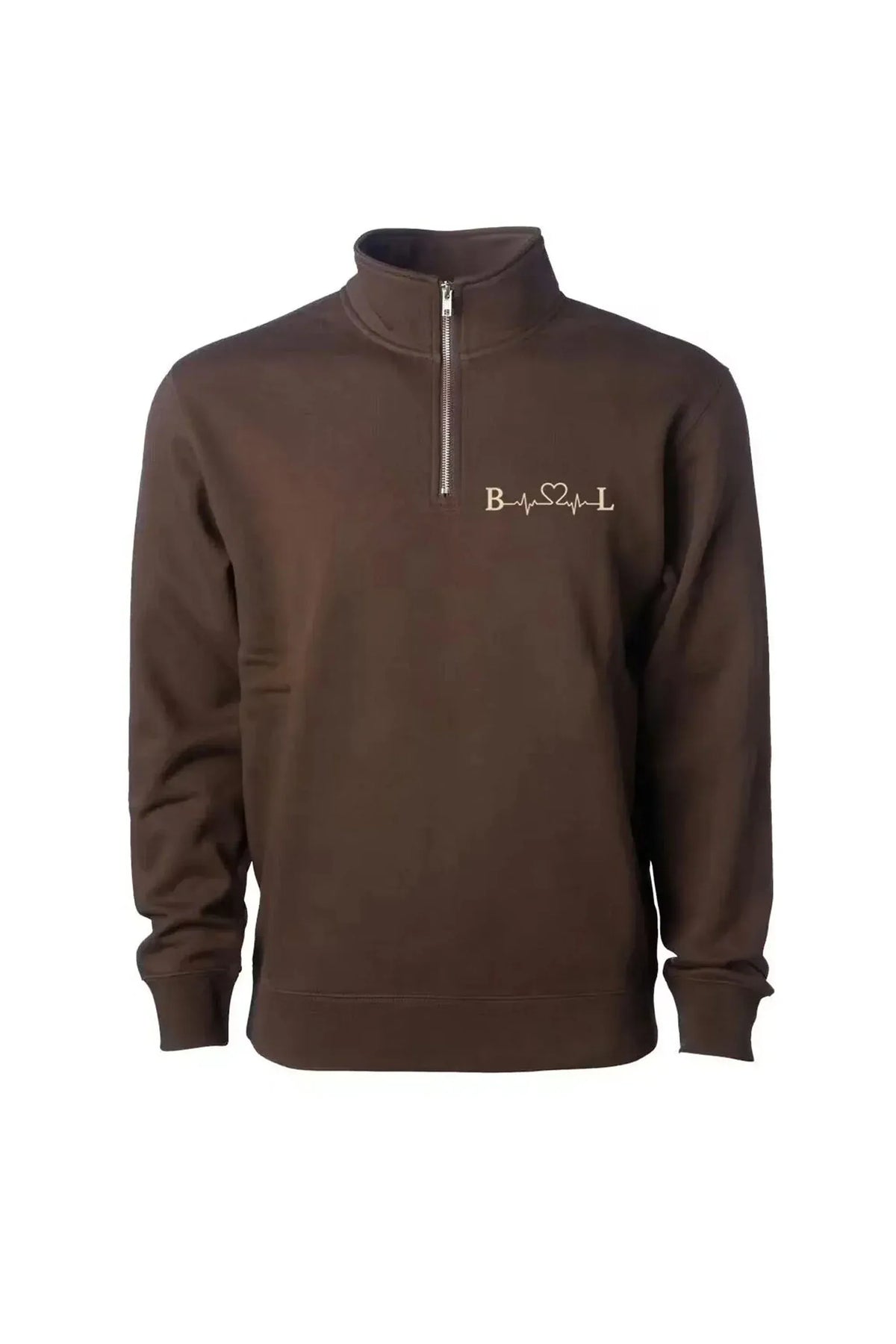 A dark brown long-sleeve quarter-zip sweatshirt with a mock neck collar, featuring a small gold embroidered logo on the left chest, displayed on a clean white background.