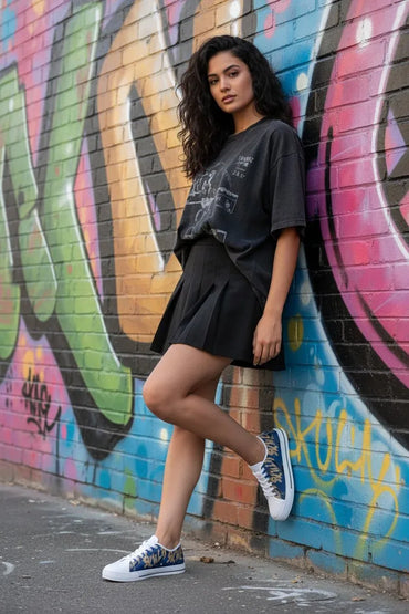 A woman posing against a colorful graffiti brick wall, wearing a black graphic t-shirt, a black pleated mini skirt, and blue and white patterned canvas sneakers.