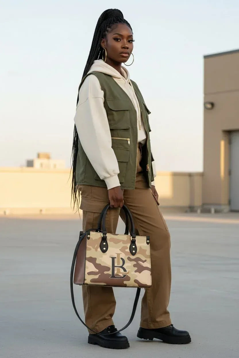 A woman stands outdoors holding a structured tote bag with a beige, brown, and black camouflage pattern and a large black 'B' logo on the front. She is wearing an olive green utility vest over a cream hoodie, tan pants, and black shoes.