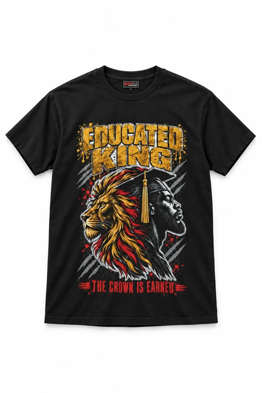 Black Educated King graphic T-shirt with crowned scholar and the words The Crown Is Earned
