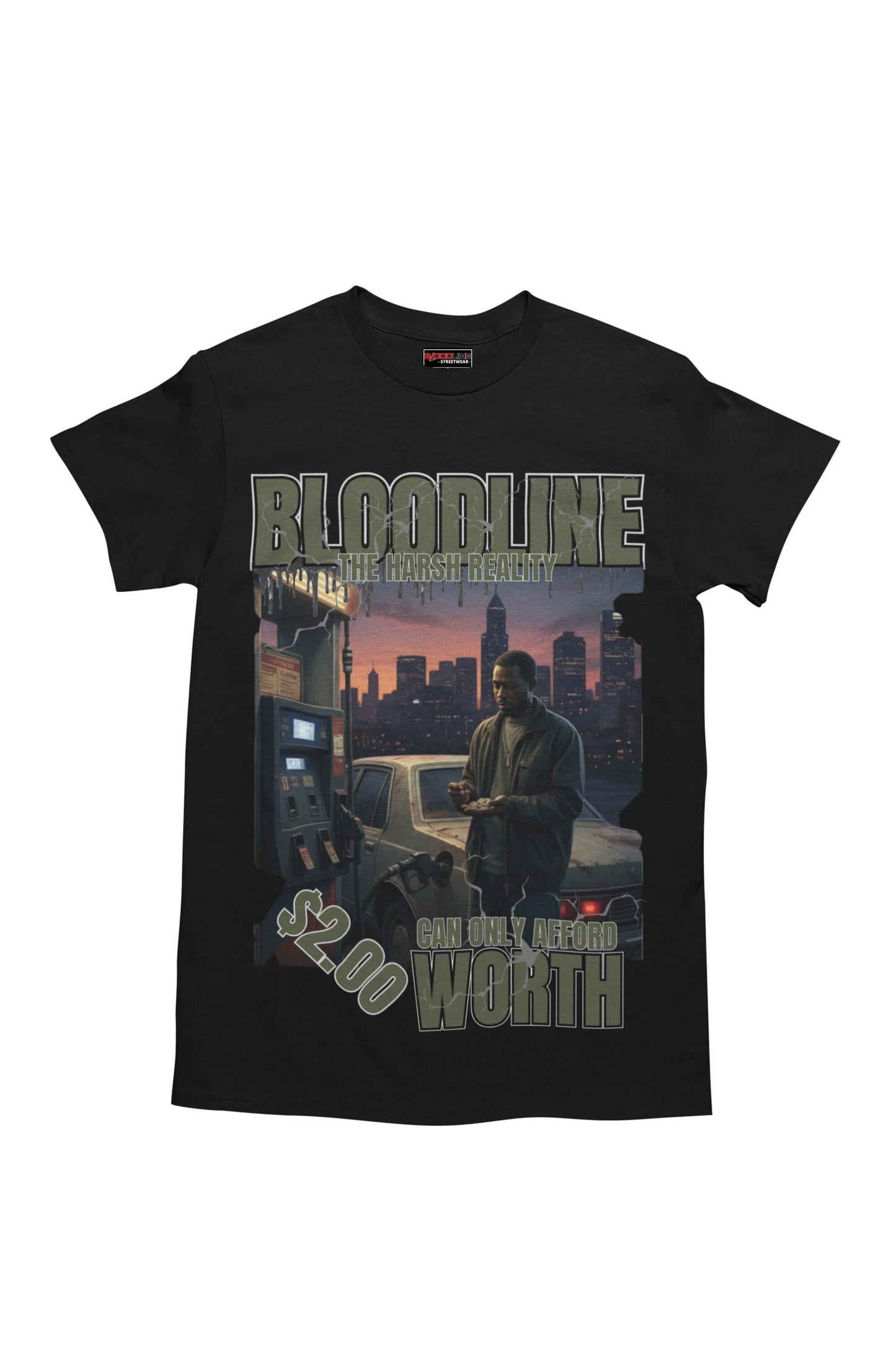 Black t-shirt with 'Bloodline' graphic design featuring a cityscape and text.