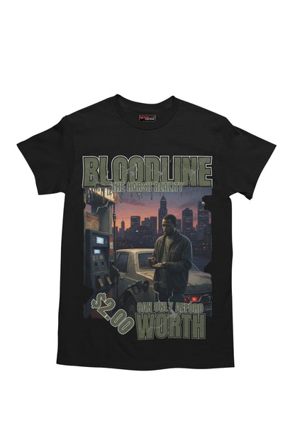 Black t-shirt with 'Bloodline' graphic design featuring a cityscape and text.