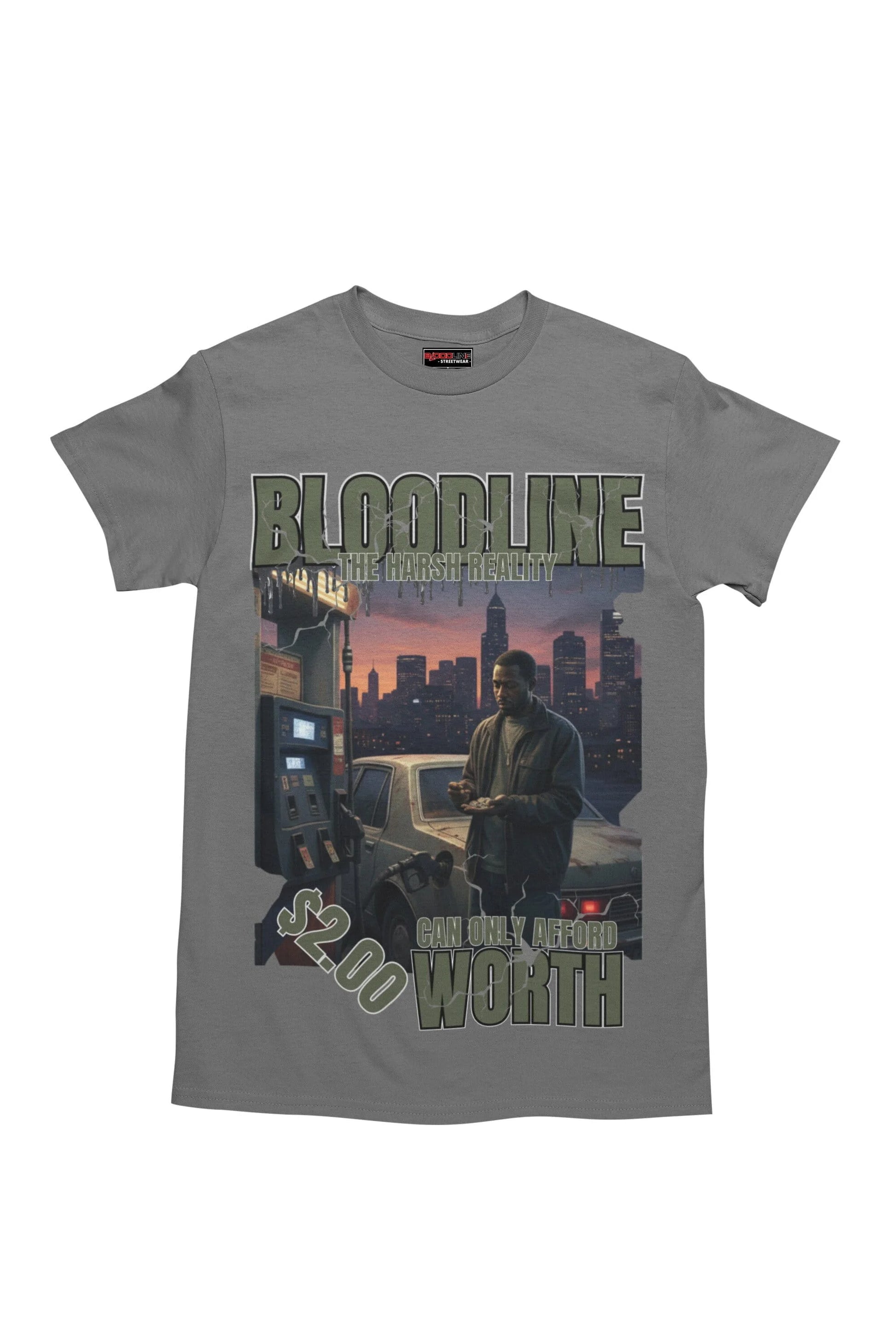 Gray t-shirt with a graphic design featuring a cityscape and text on a white background