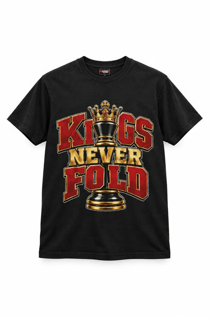 Black Kings Never Fold graphic T-shirt with red, gold, and black chess king design