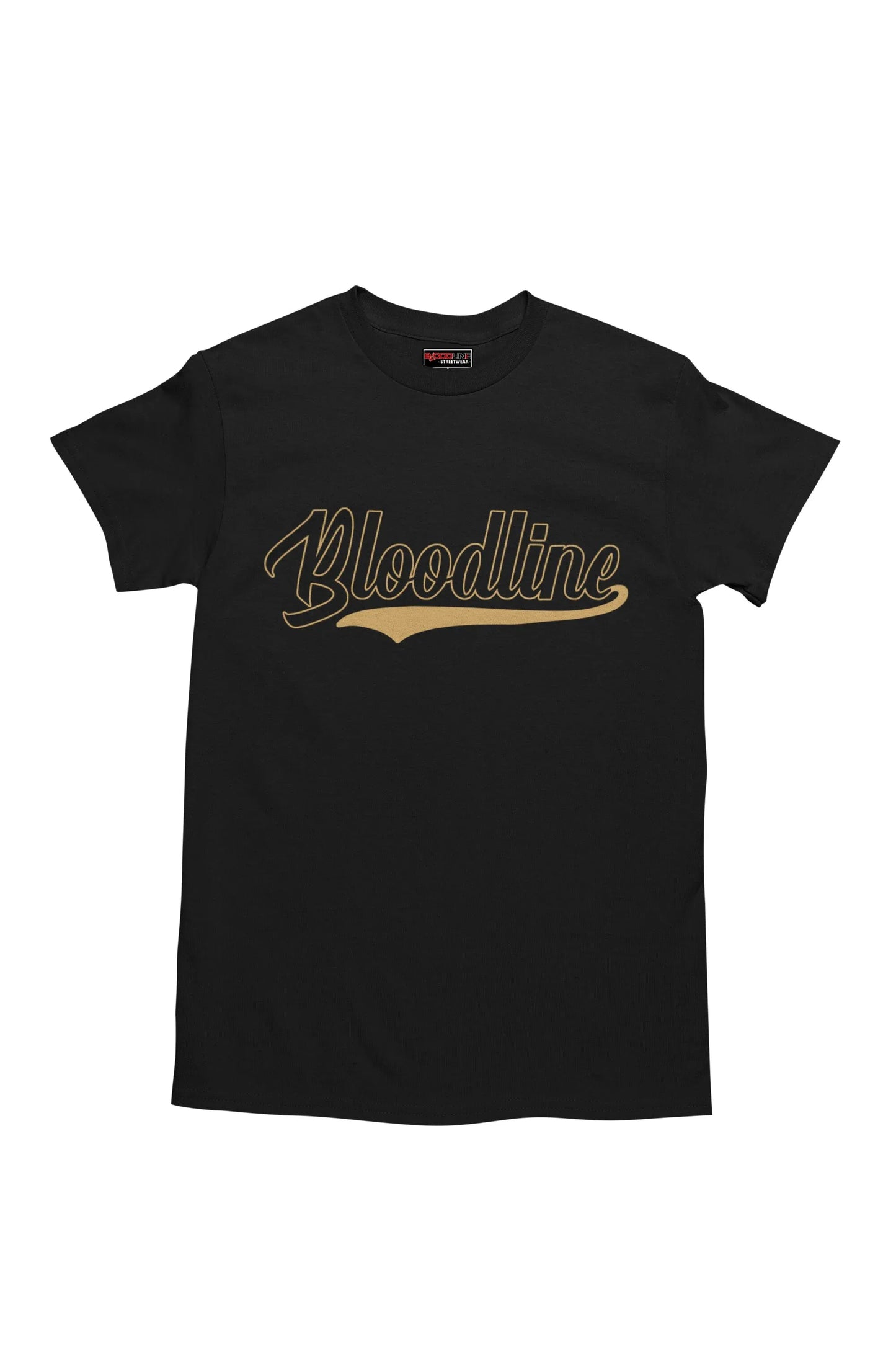 Black t-shirt with 'Bloodline' printed in gold on a white background