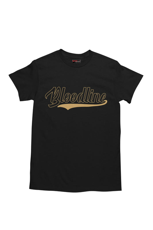 Black t-shirt with 'Bloodline' printed in gold on a white background