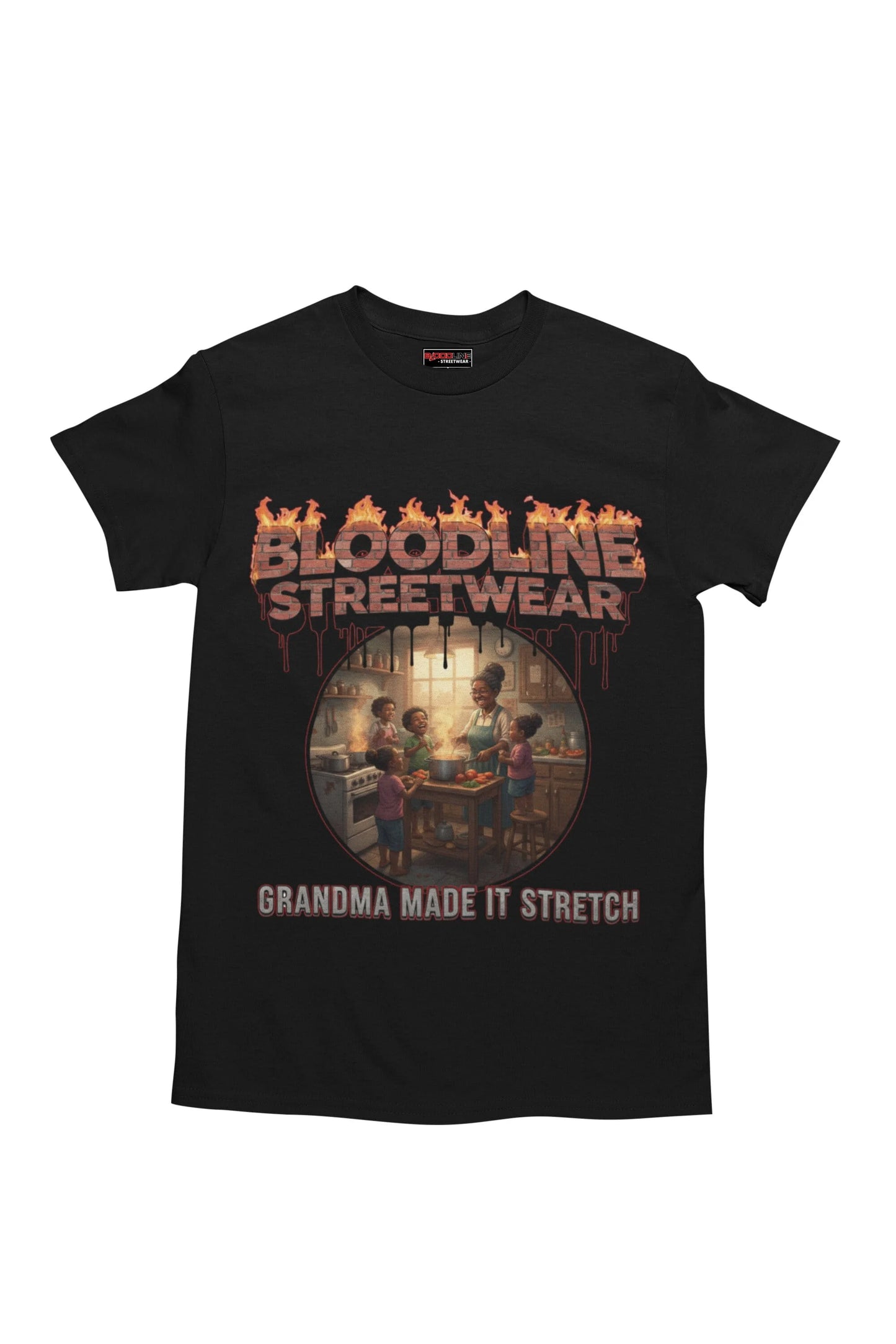 Black t-shirt with 'Bloodline Streetwear' graphic and text on a white background