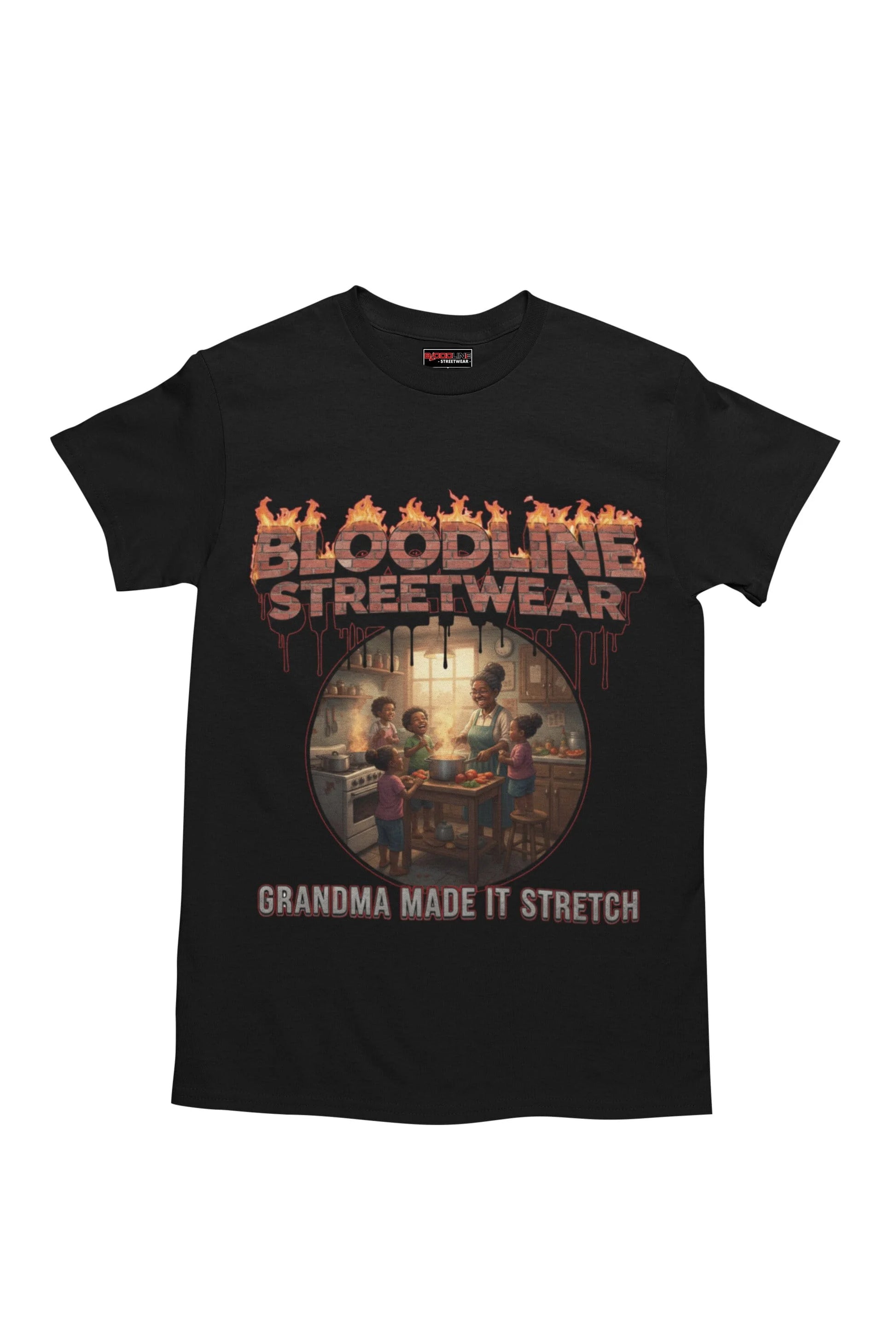 Black t-shirt with 'Bloodline Streetwear' graphic and text on a white background