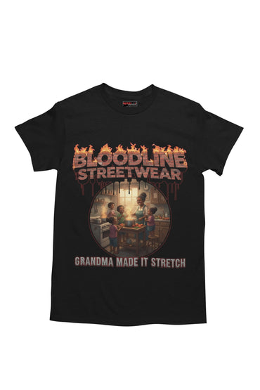 Black t-shirt with 'Bloodline Streetwear' graphic and text on a white background