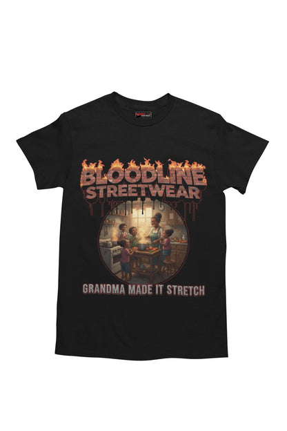 Black t-shirt with 'Bloodline Streetwear' graphic and text on a white background