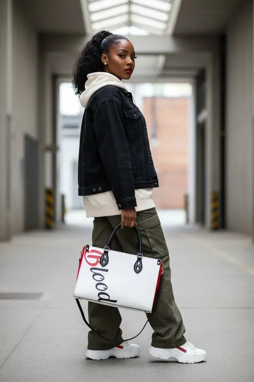 A woman in a black denim jacket, cream hoodie, olive green pants, and white sneakers carries a white tote bag with red and black lettering in a modern concrete hallway.