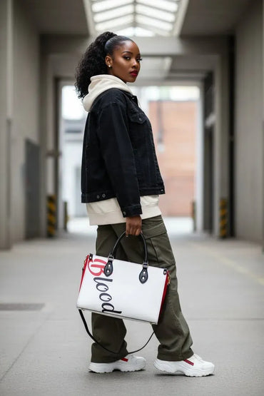 A woman in a black denim jacket, cream hoodie, olive green pants, and white sneakers carries a white tote bag with red and black lettering in a modern concrete hallway.