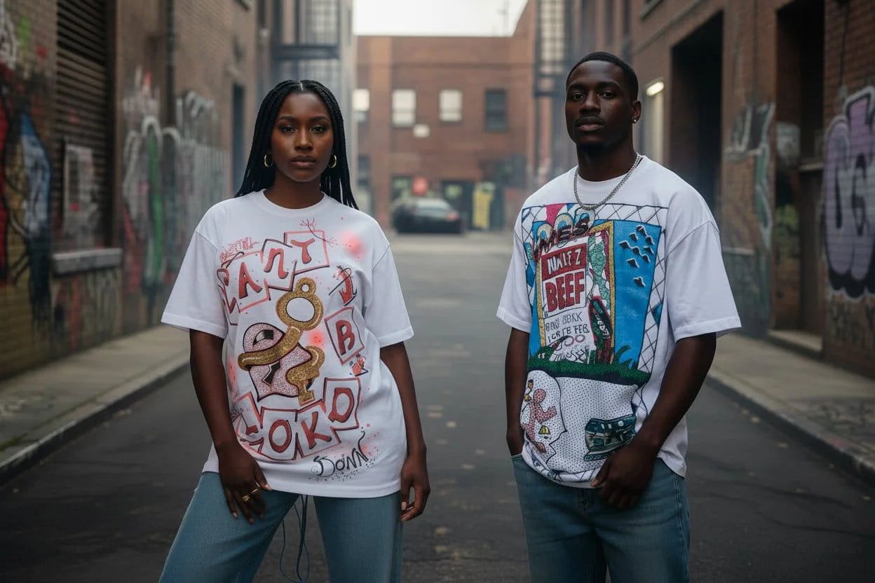 Two people wearing graphic t-shirts standing on a street with graffiti in the background