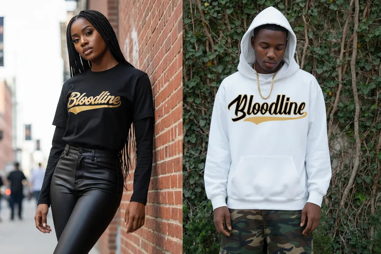 A split-screen lifestyle image showing two models wearing matching graphic apparel. On the left, a woman in a black long-sleeve shirt and black leather pants wears a black 'Bloodline' t-shirt with gold lettering.