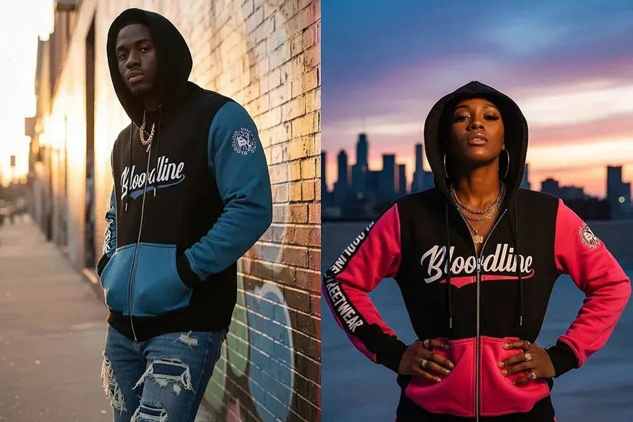 A split-screen lifestyle image showing a model wearing a Bloodline brand zip-up hoodie in two different outdoor settings. On the left, the model wears the hoodie in a street setting at sunset, with blue sleeves and a black body.