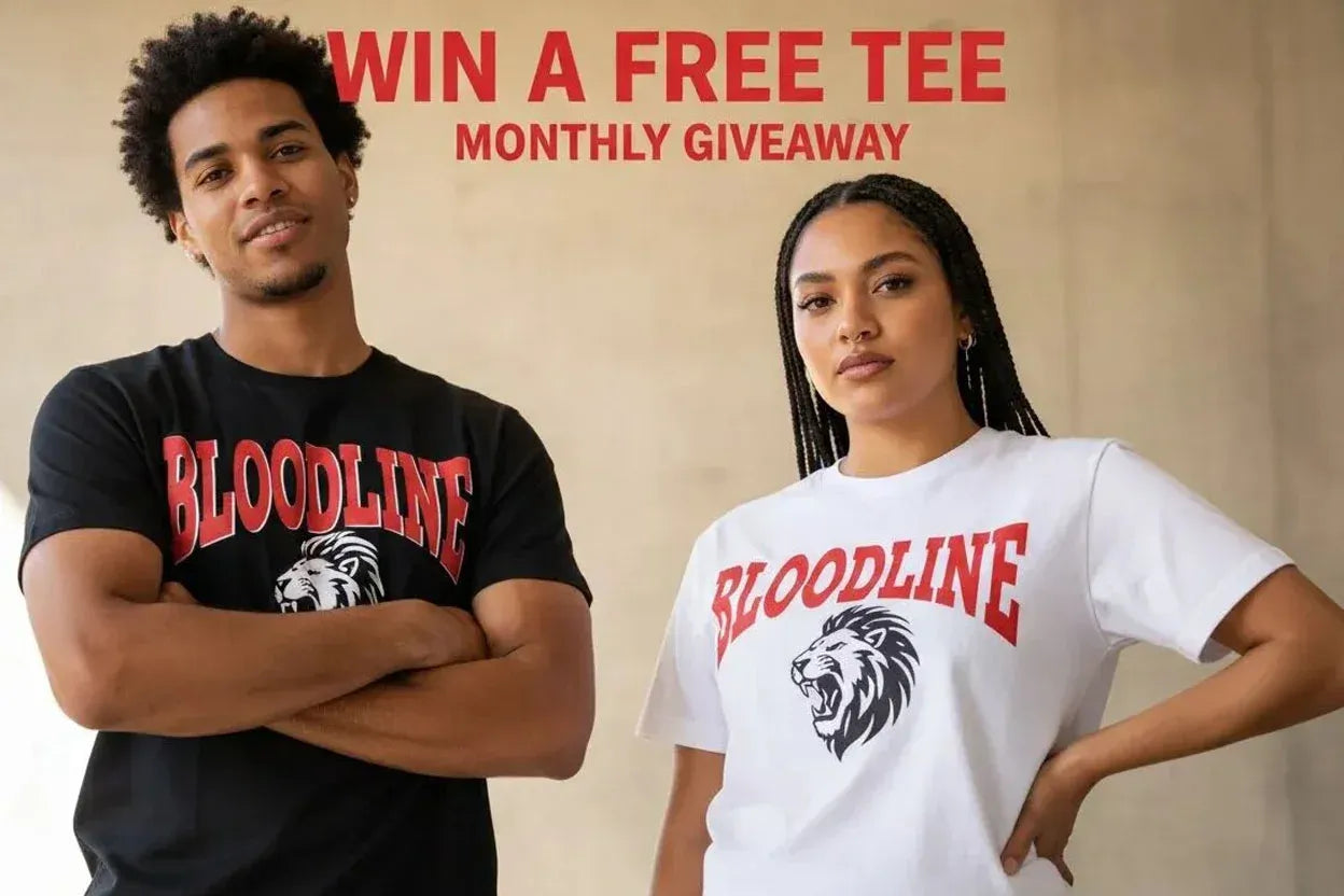 Two models wearing BLOODLINE t-shirts, one black and one white, with promotional text reading 'WIN A FREE TEE MONTHLY GIVEAWAY' at the top.