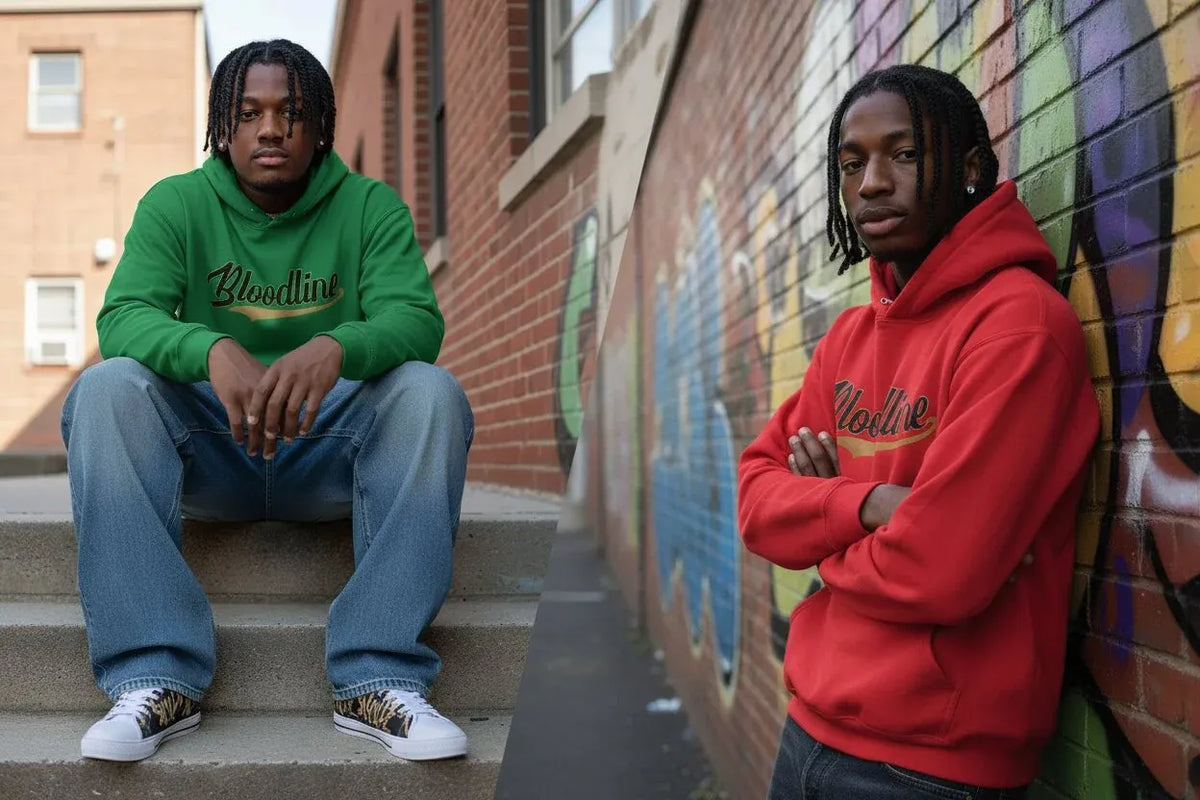 Two young men posing outdoors against a brick wall with graffiti. The man on the left sits on concrete steps wearing a green hoodie with 'Bloodline' in black script, blue jeans, and white sneakers.