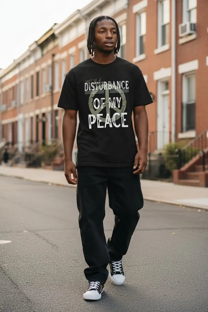 A man walking down a city street wearing a black graphic t-shirt with the text 'DISTURBANCE OF MY PEACE' and a distressed peace sign, paired with black sweatpants and white sneakers.