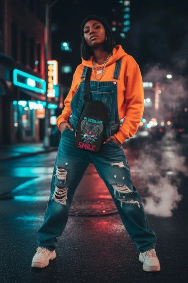 A woman posing on a city street at night wearing a bright orange hoodie layered over blue denim overalls with ripped details, paired with white sneakers and a black graphic crossbody bag.