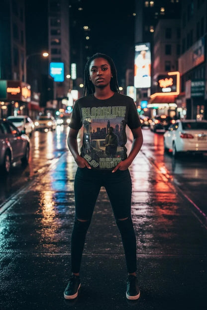 Person standing on a city street at night with illuminated billboards and cars in the background.