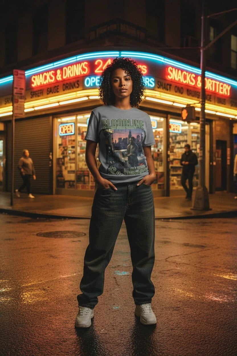 Person standing on a city street at night in front of a neon-lit store.