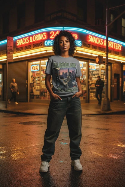Person standing on a city street at night in front of a neon-lit store.