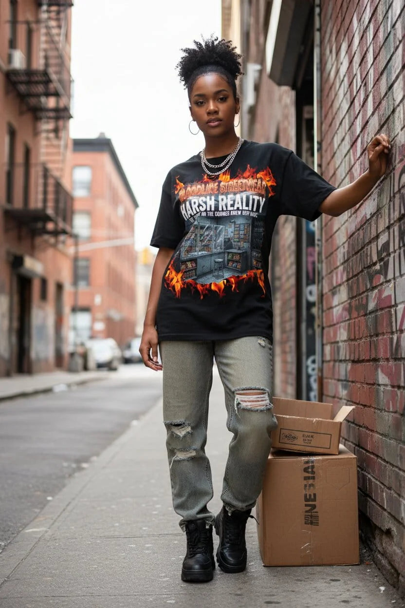 Person wearing a graphic t-shirt and ripped jeans standing in an alleyway.