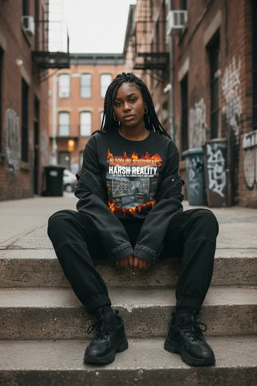 Person wearing a black sweatshirt with graphic design sitting on steps in an urban setting.