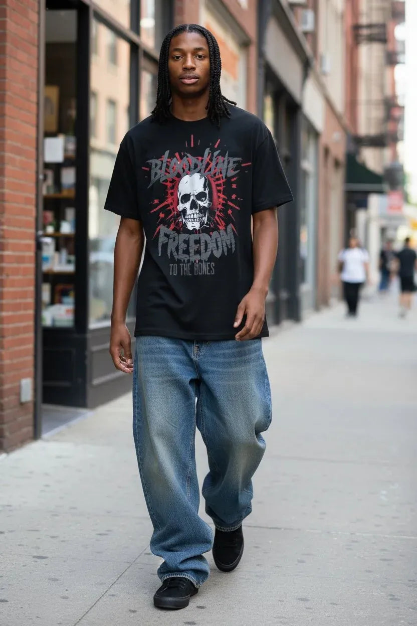 A man walking down a city street wearing a black graphic t-shirt with a skull and the words 'Deadly Freedom to the 365' in red and white, paired with loose blue jeans and black shoes.