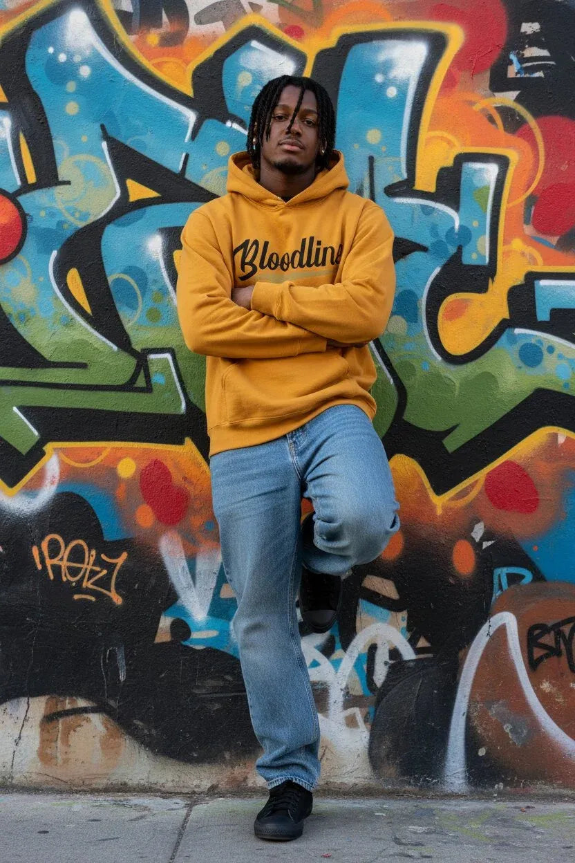 A man wearing a mustard yellow hoodie with 'Bloodline' printed in black script across the chest, paired with light blue jeans and black sneakers, posing in front of a colorful graffiti wall.