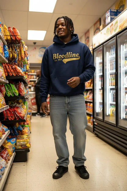 A man wearing a navy blue Bloodline hoodie with gold lettering, paired with light-wash jeans and black shoes, standing in a grocery store aisle.