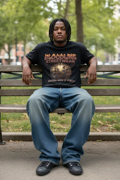 A man sitting on a wooden park bench wearing a black Bloodline Streetwear graphic t-shirt, blue jeans, and black sneakers, with a blurred green park background.
