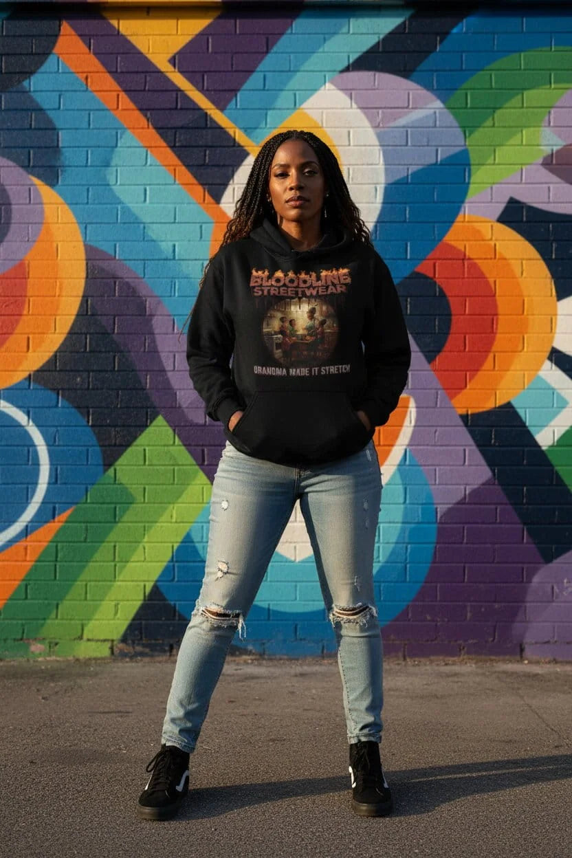 Person wearing a black hoodie with text in front of a colorful mural.
