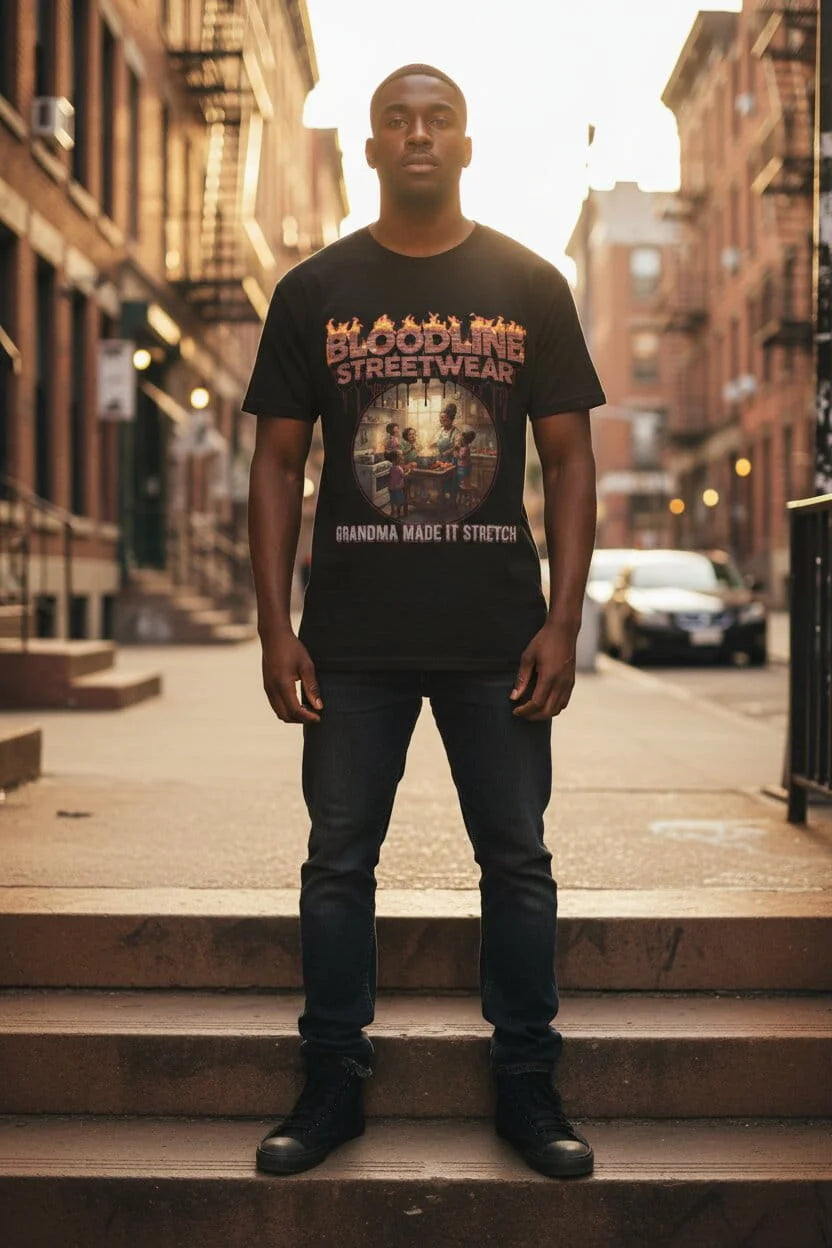 Man wearing a black t-shirt with colorful graphics on a city street.
