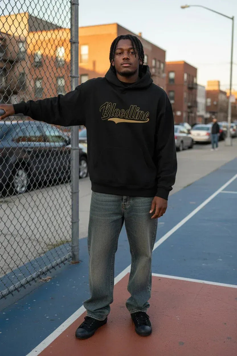 A man standing on an outdoor basketball court wearing a black hoodie with 'Bloodline' printed in gold across the chest, paired with gray jeans and black sneakers.