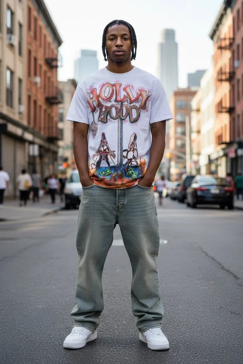 A man stands in the middle of a city street wearing a white graphic t-shirt with a colorful 'Hollywood' print, light gray jeans, and white sneakers.