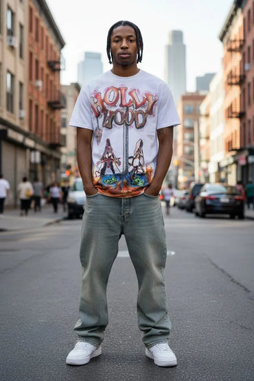 A man stands in the middle of a city street wearing a white graphic t-shirt with a colorful 'Hollywood' print, light gray jeans, and white sneakers.