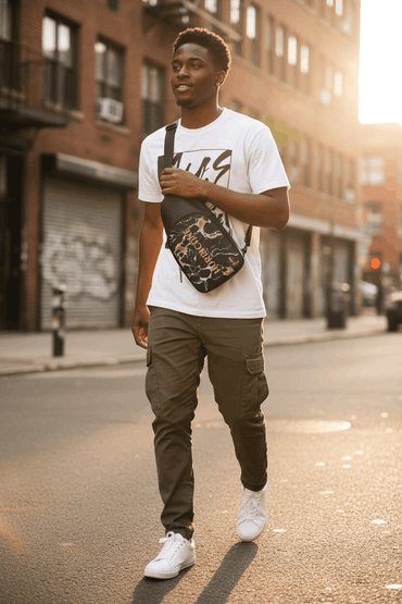 A man walking down a city street wearing a white graphic t-shirt, olive green cargo pants, white sneakers, and carrying a black and gold patterned crossbody bag.