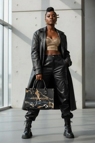 A model stands in a minimalist concrete hallway wearing a long black leather coat, black leather pants, and black combat boots, while holding a black and gold marbled tote bag with the brand name 'HUB & GONE' printed on it.