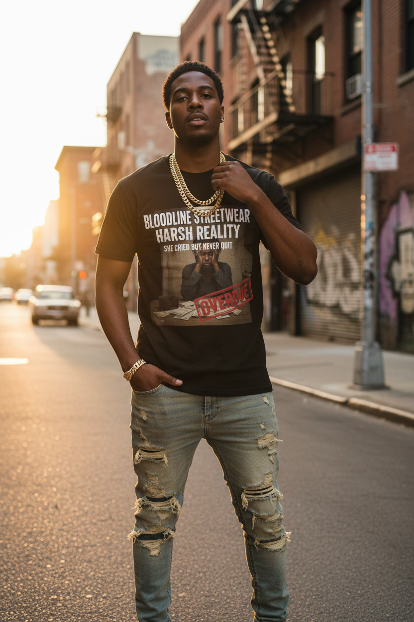 Male model wearing She Cried But Never Quit black tee — Harsh Reality Collection by Bloodline Streetwear