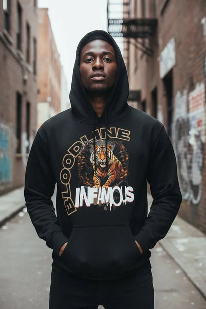 A man wearing a black pullover hoodie with a large graphic print on the front. The print features the words 'BLOODLINE INFAMOUS' in stylized lettering around an illustration of a tiger.