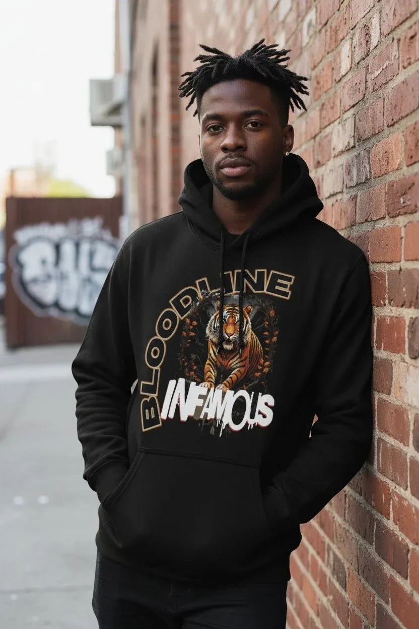A man wearing a black Bloodline Infamous hoodie stands against a red brick wall, looking directly at the camera.