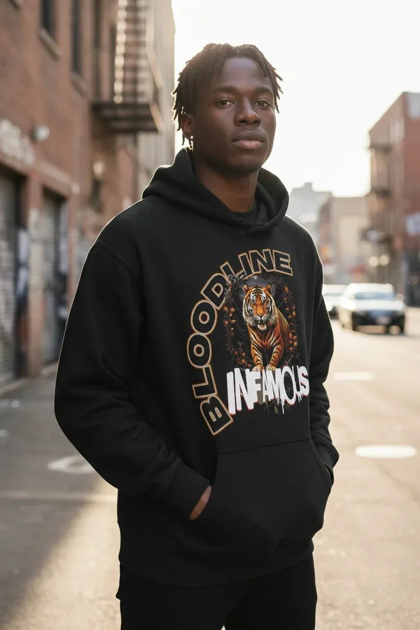A man wearing a black hoodie with a graphic print of a tiger and the words 'BLOODLINE INFIRMUS' stands on an urban street.