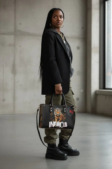 A woman stands in a concrete-walled indoor space holding a black tote bag with a tiger graphic and the word 'INEMUS' printed on the front.
