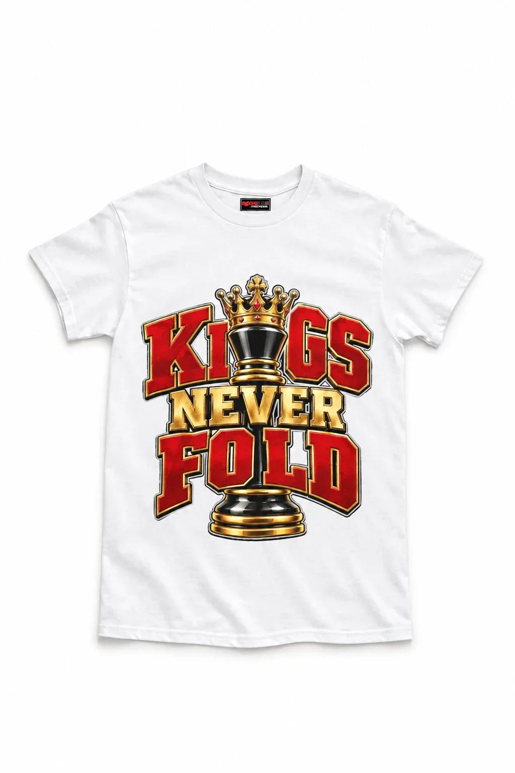 A white short-sleeve crewneck t-shirt featuring a large graphic print on the front with the text 'KINGS NEVER FOLD' in red and gold lettering, topped with a gold and black chess queen piece.