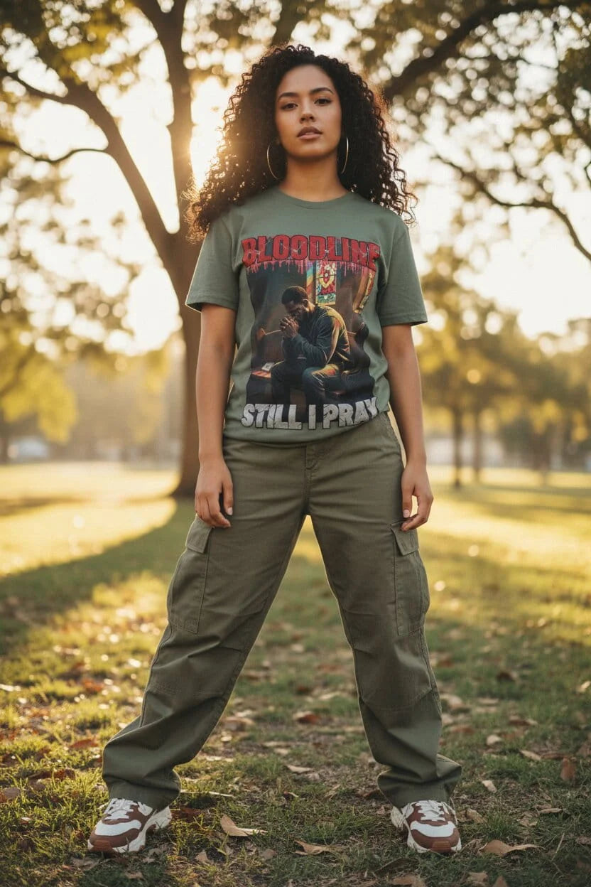 Still I Pray Graphic Tee – Women's Lifestyle Shot – Harsh Reality Collection by Bloodline Streetwear
