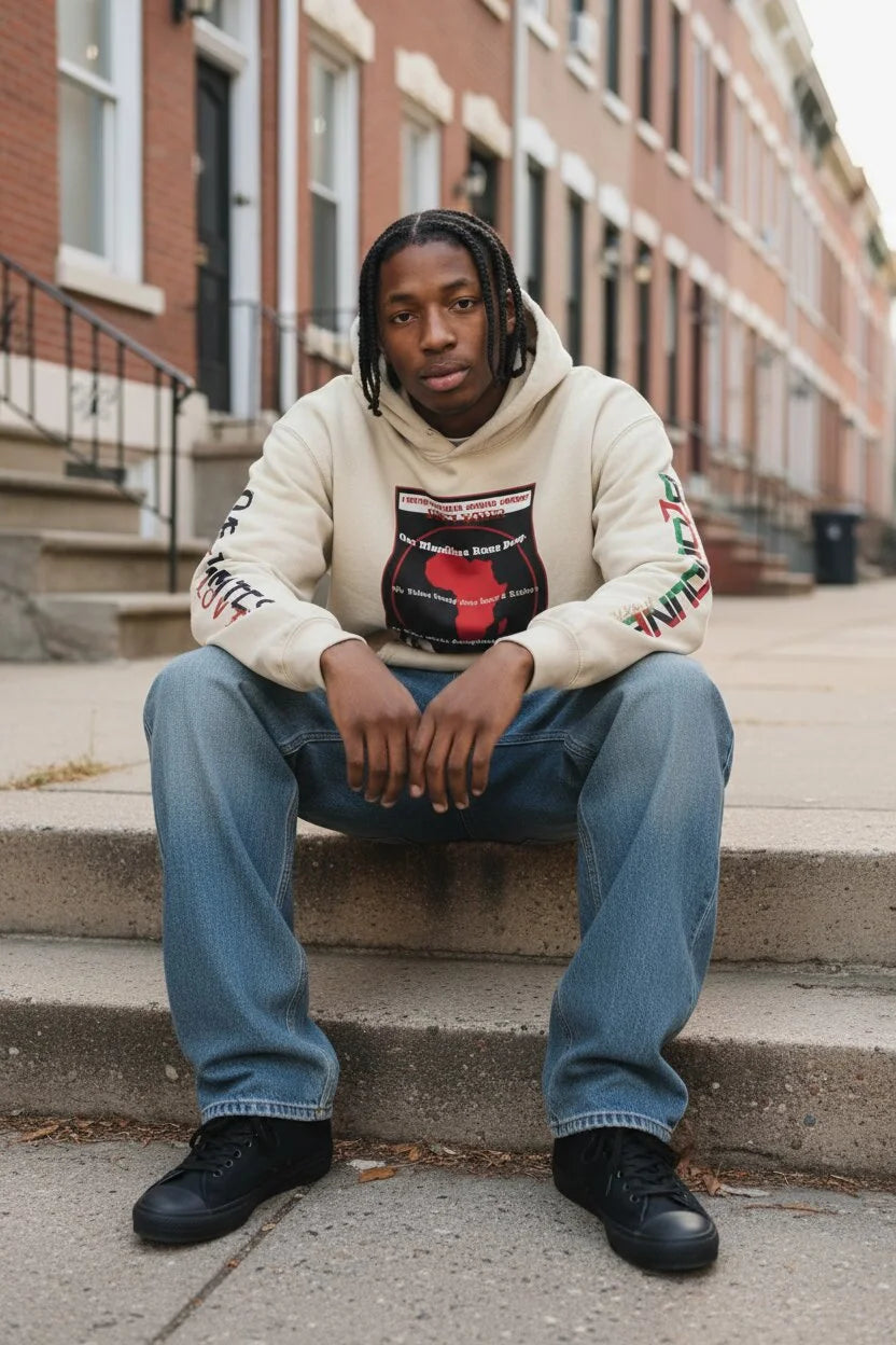 A man sits on concrete steps in front of brick townhouses, wearing a cream-colored hoodie with a red and black graphic print on the front, blue jeans, and black sneakers.