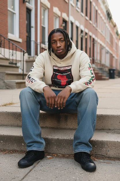 A man sits on concrete steps in front of brick townhouses, wearing a cream-colored hoodie with a red and black graphic print on the front, blue jeans, and black sneakers.