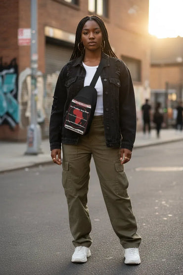 A woman stands on a city street wearing a black denim jacket, olive green cargo pants, a white t-shirt, and white sneakers, with a black crossbody bag featuring a red and white graphic design.