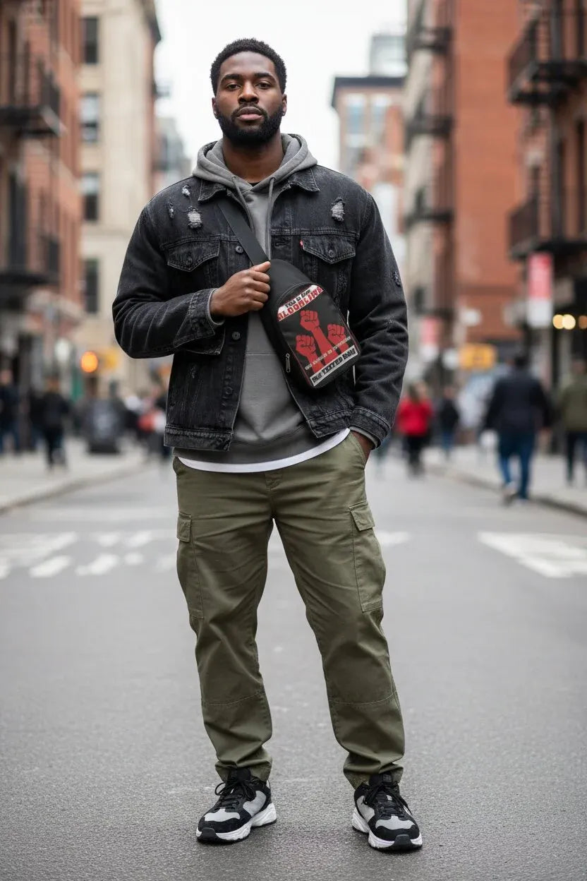 A man stands on a city street wearing a black denim jacket over a gray hoodie, olive green cargo pants, and black and white sneakers, holding a small red and black bag.